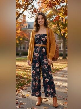 Band of Gypsies Teal Strapless Floral Jumpsuit with Cream & Red Blooms Size M